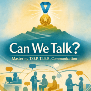 Can We Talk? Mastering T.O.P. T.I.E.R. Communication presentation graphic featuring a gold medal, mountain peak, and silhouettes engaged in conversation.